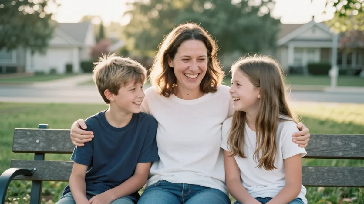 A mother laughing with her son and daughter on a park bench