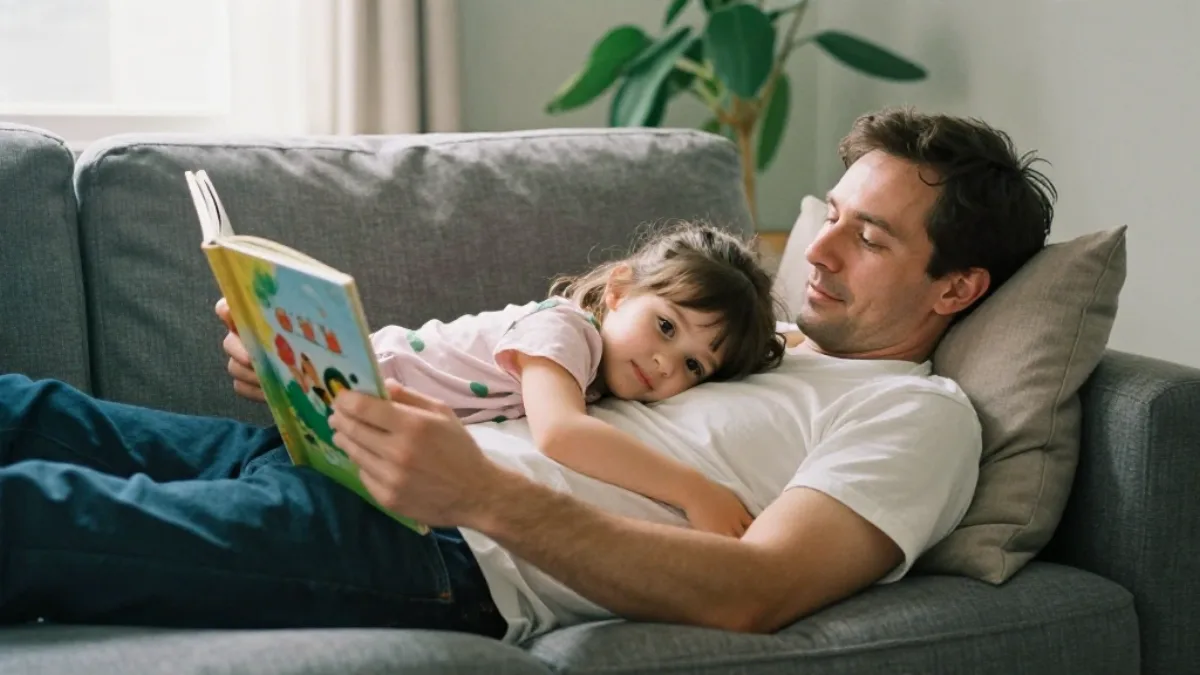 A father reading a picture book to his daughter on the sofa