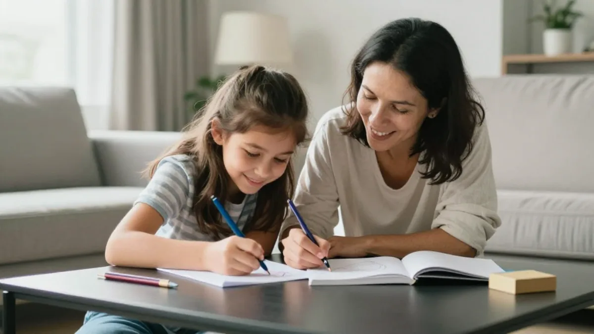 A mother and daughter drawing together at a coffee table