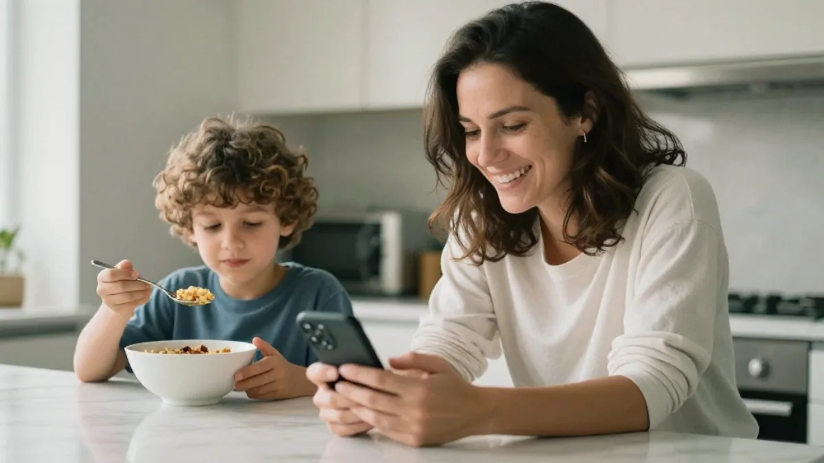 A mother checks her phone at the kitchen counter while her son eats breakfast