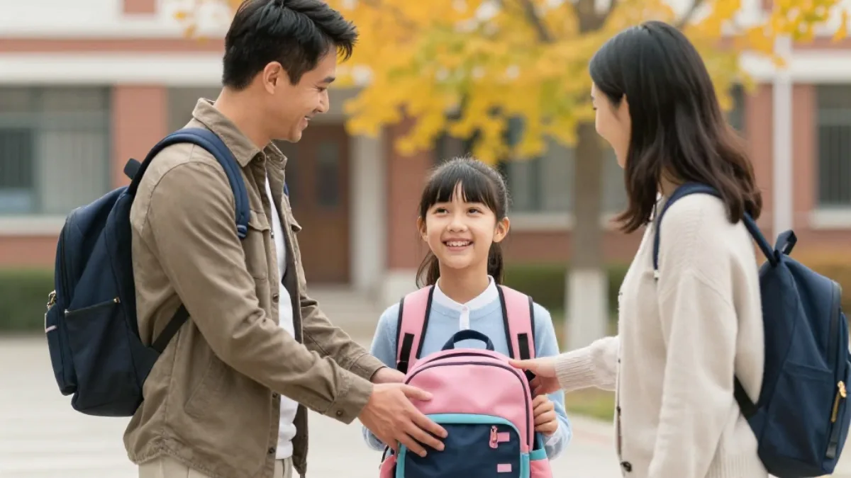 Two parents handing a backpack to their daughter outside school