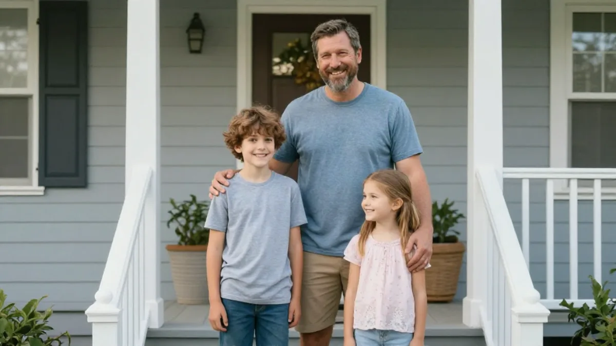 A father on the front steps with his son and daughter